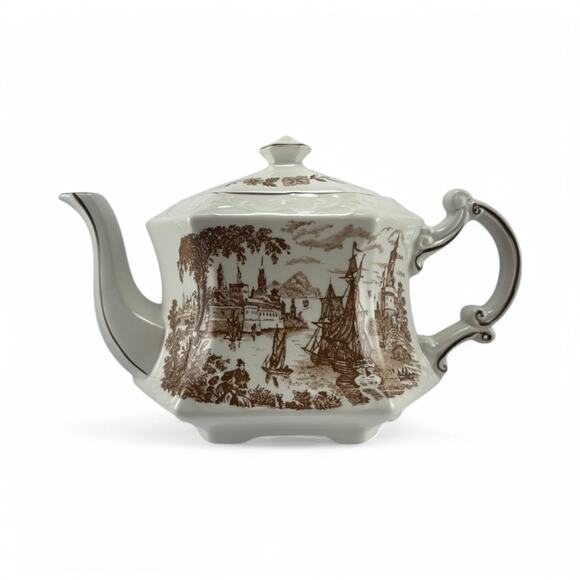 Vintage 1960s Ellgreave Staffordshire Ironstone Teapot Safe Harbor Transferware - Picture 2 of 16